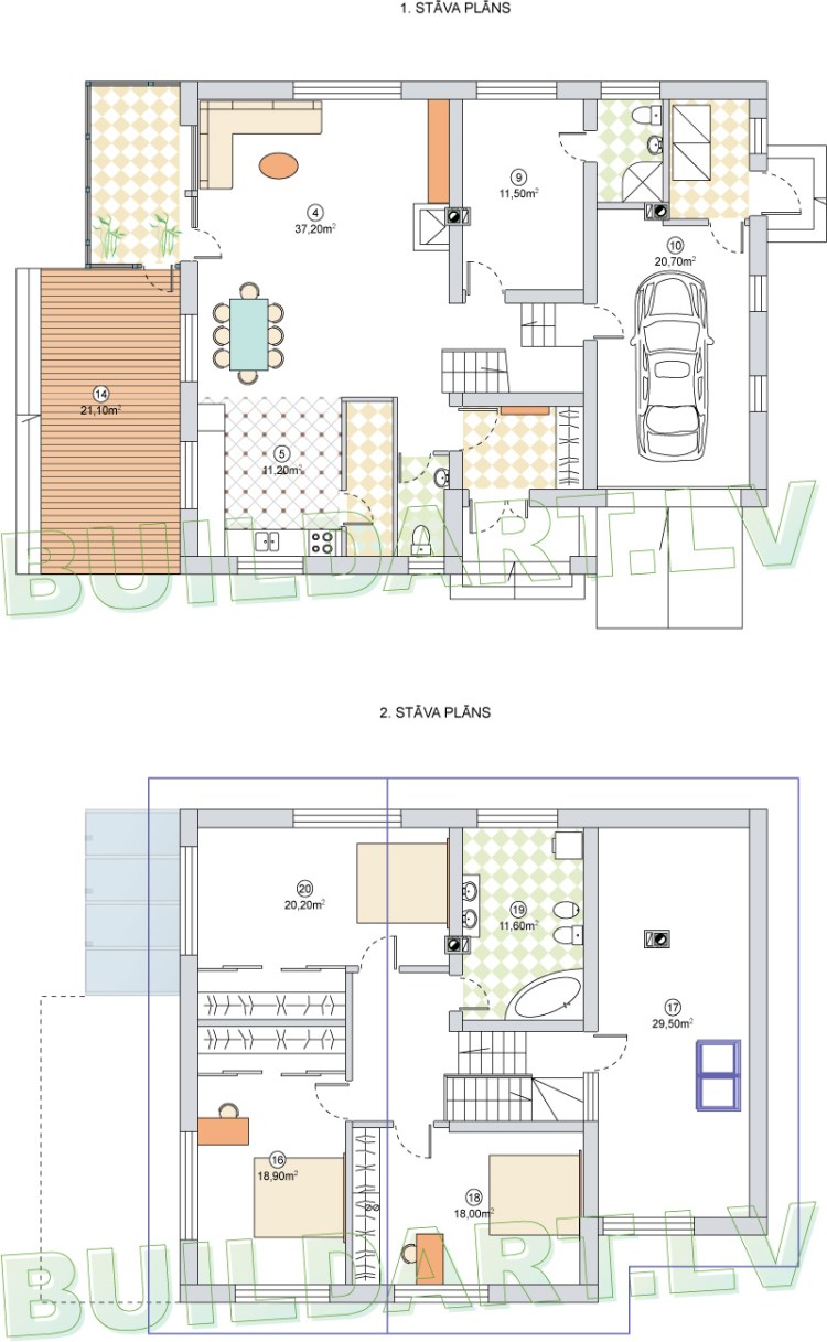 Vidēji lielas mājas projekts "Raitis", stāvu plāni