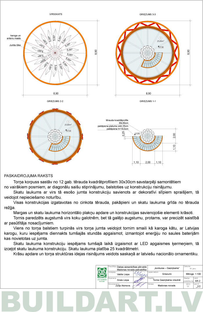 Gaiziņkalna torņa skiču projekts, griezumi