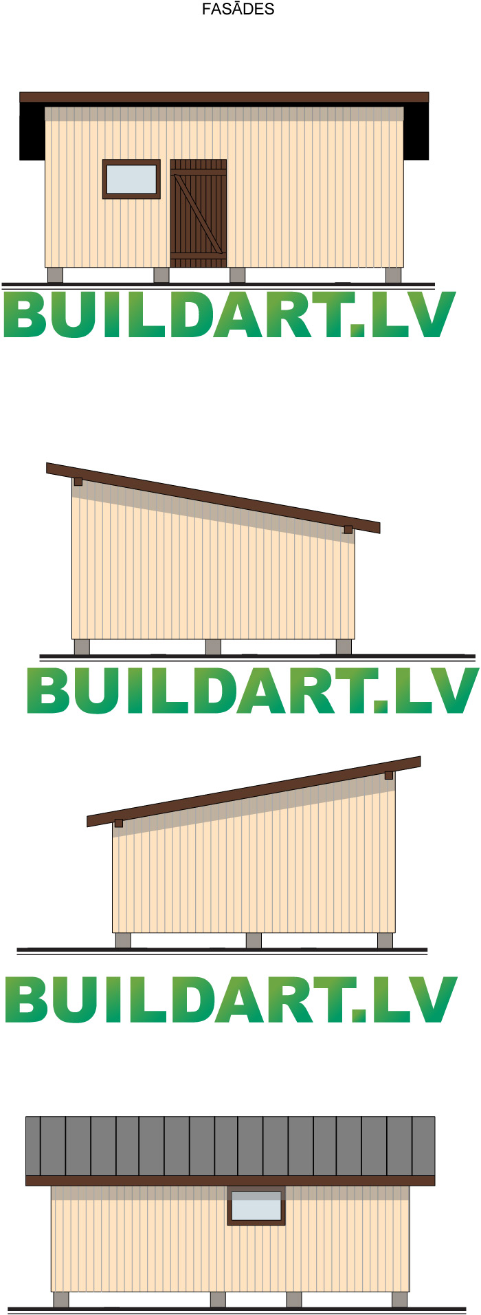 Maza, vienkārša šķūnīša projekts, fasādes