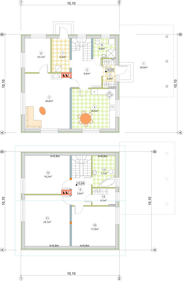 180 kvadrātmetru lielas dzīvojamās mājas projekts, plāni