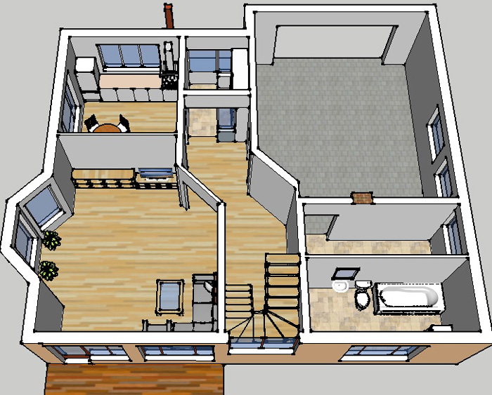 Dzīvojamās mājas projekta "Didzis" trīsdimensiju interjera vizualizācijas