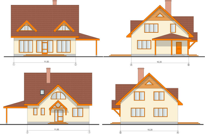 202 kvadrātmetrus lielas dzīvojamās ēkas fasādes