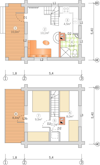 Zvejnieku un tūristu mājas 6x6m projekts, guļbūve