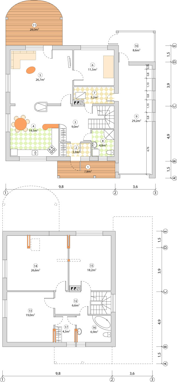 170 kvadrātmetrus lielas dzīvojamās mājas plāni