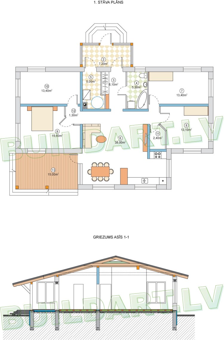 projektsandris_02Dzīvojamā māja vienā stāvā - projekts "Andris" - pirmā stāva plāns un griezums