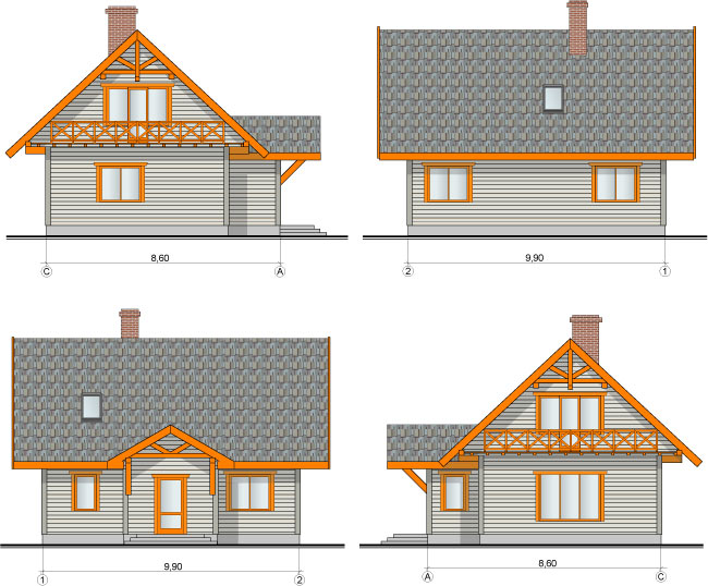 121 kvadrātmetru liela lauku māja, fasādes