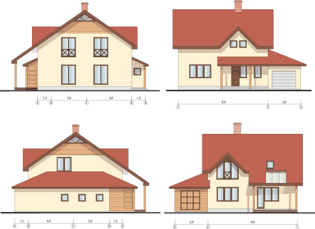 170 kvadrātmetrus lielas dzīvojamās mājas fasādes