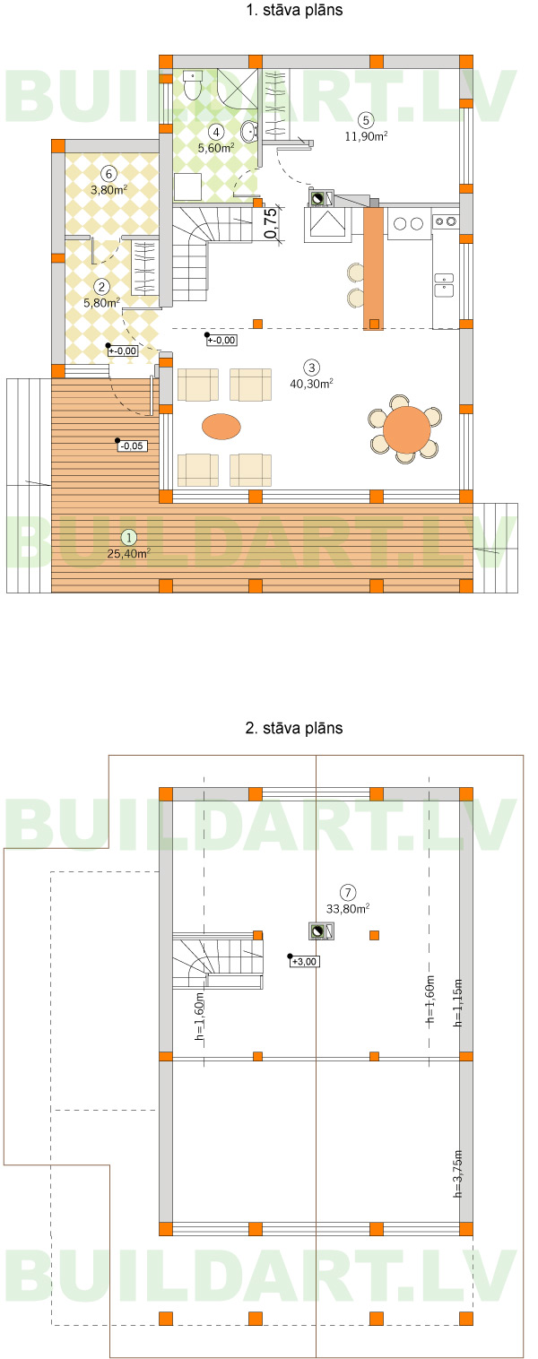Atpūtas, dzīvojamās mājas projekts "Dzintars 2" 102kvm, stāvu plāni