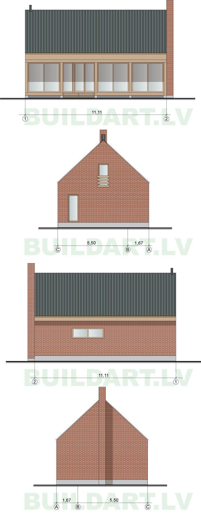 Atpūtas, brīvdienu mājas projekts, fasādes