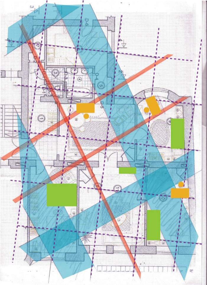 Dzivokļa plāns ar āderu plānu, un iezīmētu veselībai draudzīgu mēbeļu plānojumu