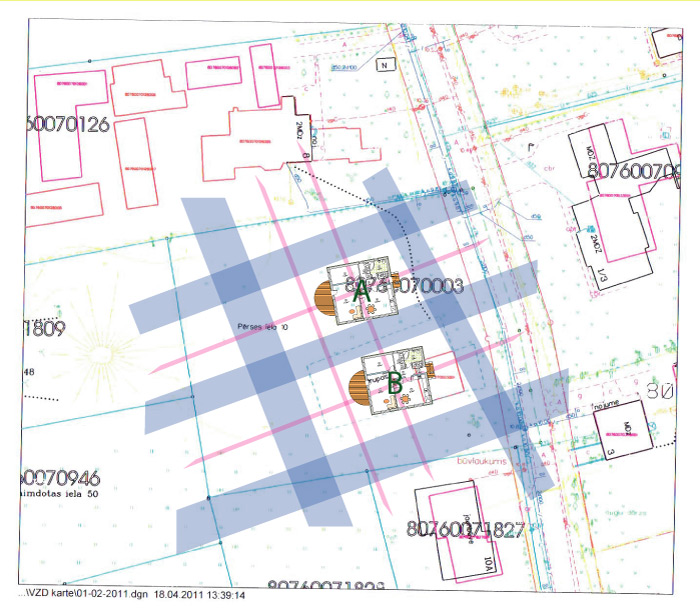 Āderu plāns zemes gabalam Mārupē, ar ēkas novietojuma variantiem