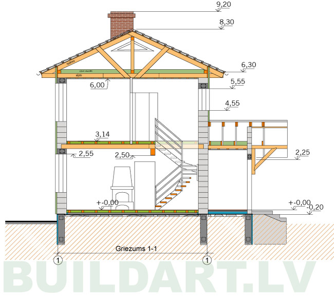 Ekonomiskas, ērtas divstāvu mājas projekts 110kvm, griezums