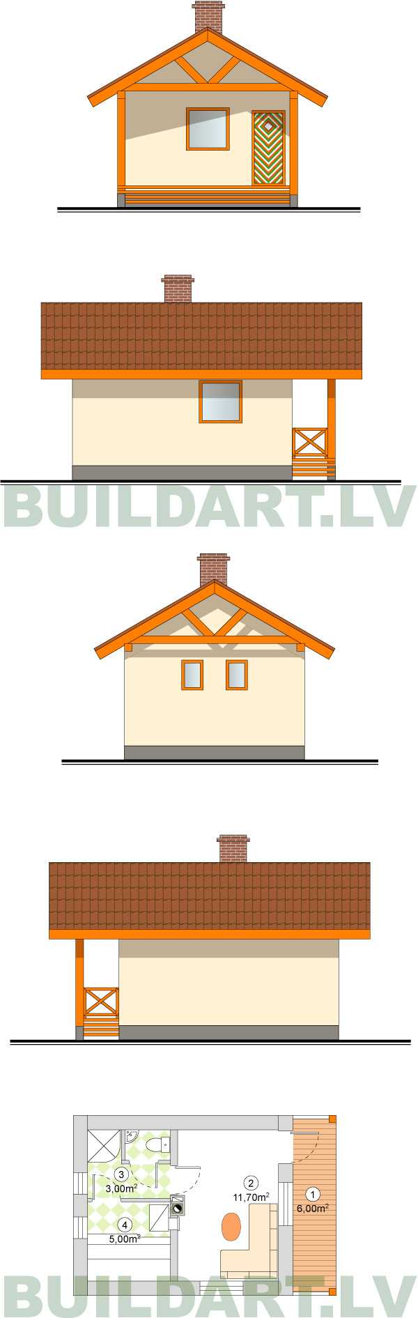 Ekonomiskas pirts projekts, fasādes un plāns