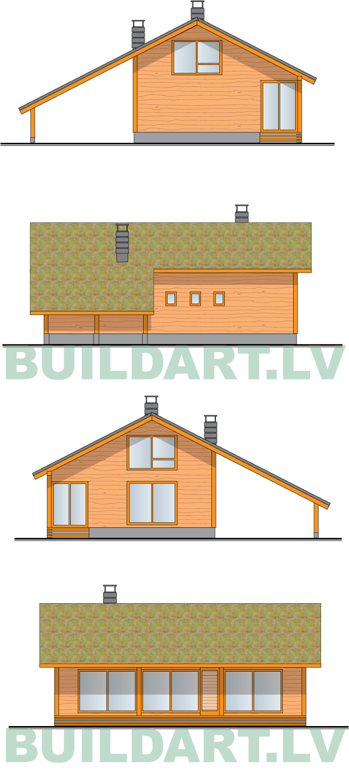 Pirts - brīvdienu vai pagaidu mājas projekts, fasādes ar zaļo jumtu