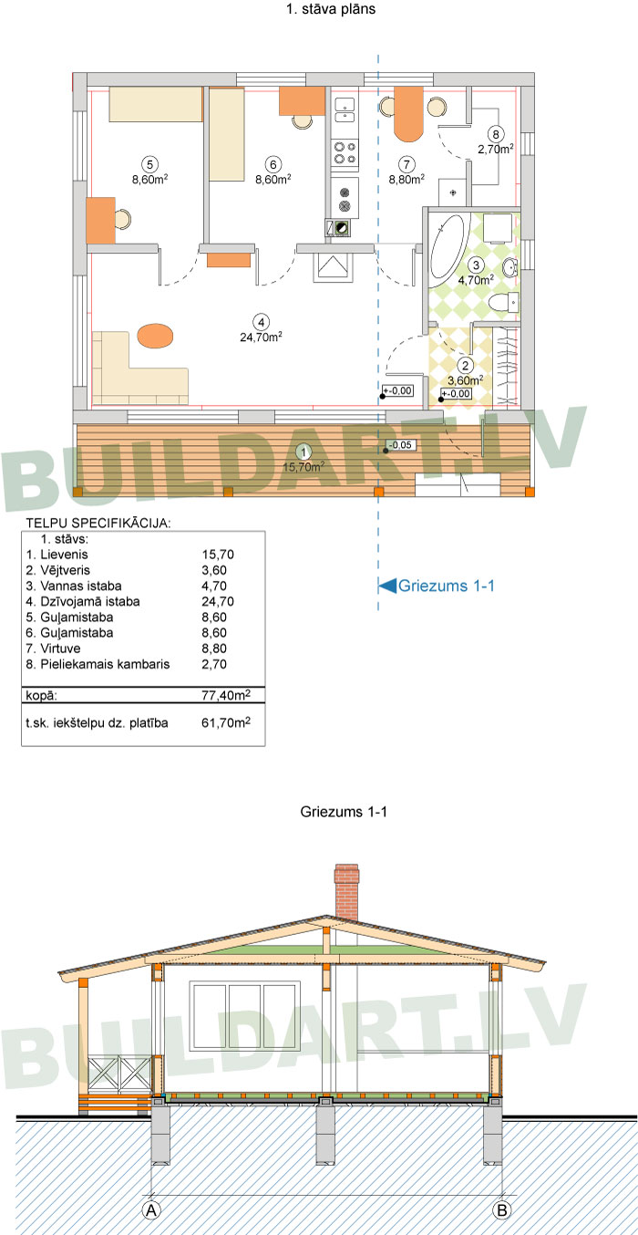 Vienstāvu mājas projekts, plāns un griezums