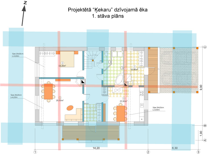 Lauku mājas projekts - plāns saskaņā ar āderu tīklu