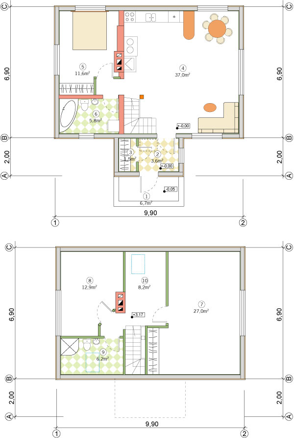 121 kvadrātmetru liela lauku māja, plāni