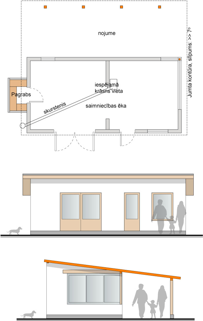 Saimniecības ēkas skiču projeks, plāns un fasādes