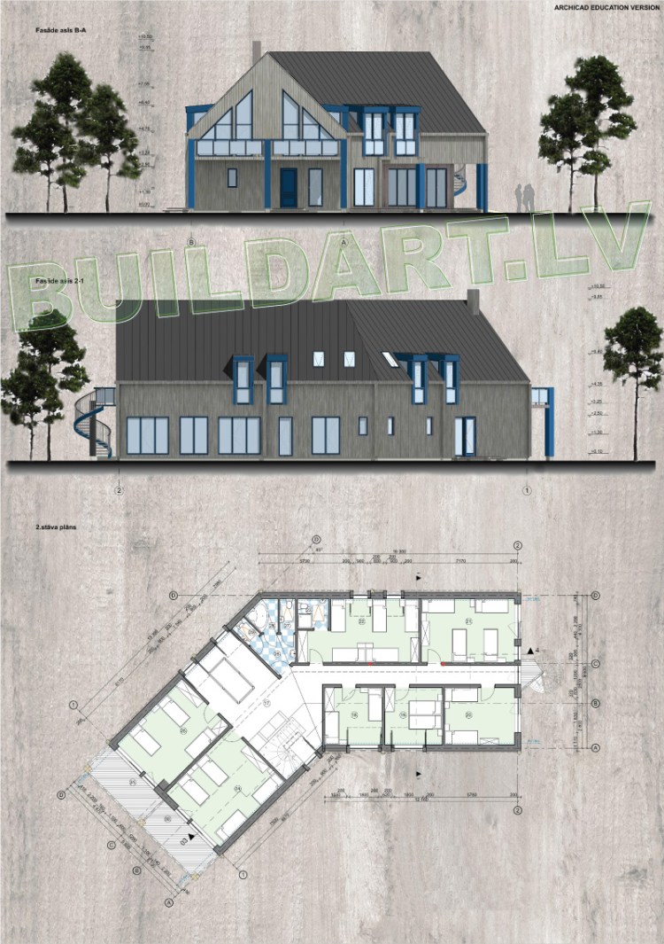 Viesu nama projekts, projekta fasādes un plāni