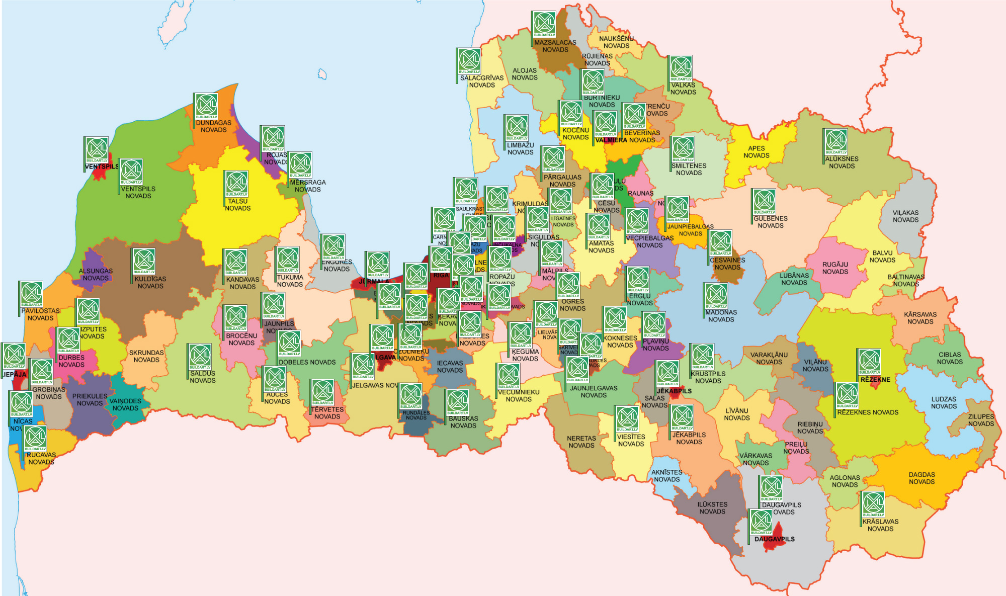 BUILDART.LV karte ar novadiem kuros realizēti projekti