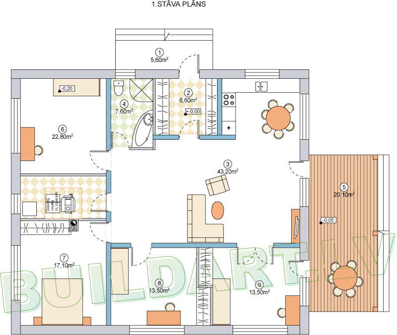 Dzīvojamās mājas projekts "Aleksandra" - plānojms - versija ar guļamistabu