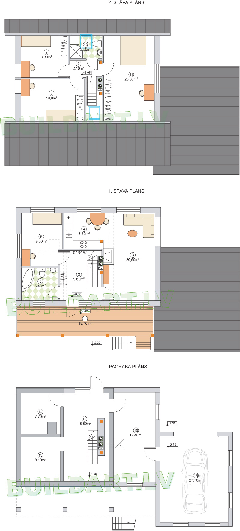 Dzīvojamās mājas projekts "Malvīne" - stāvu plāni