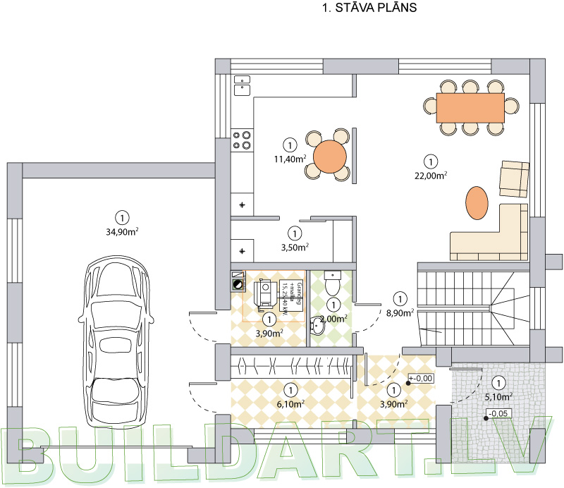 Savrupmājas projekts "Baltais gulbis" - pirmā stāva plāns
