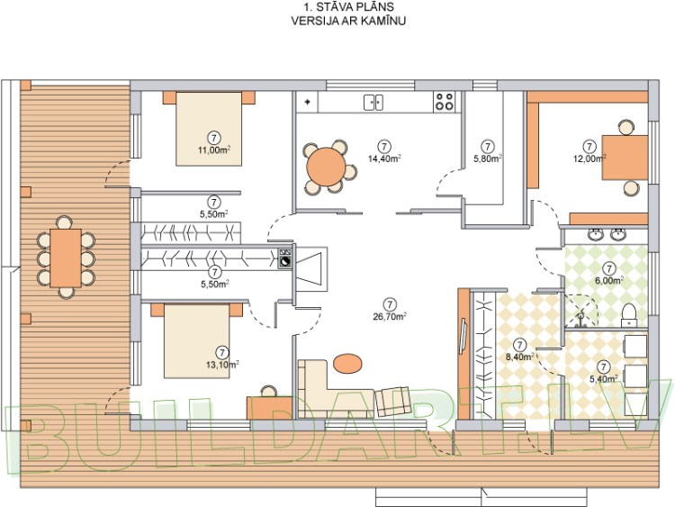 Mājas projekts "Madara" - plāns ar kamīnu