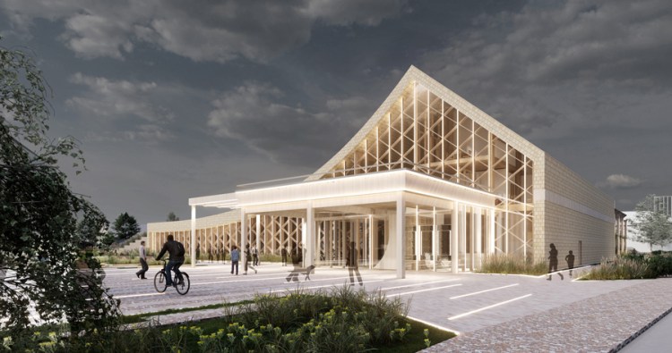 Arhitektes diplomdarbs, izgaismota fasāde diennakts tumšajā laikā