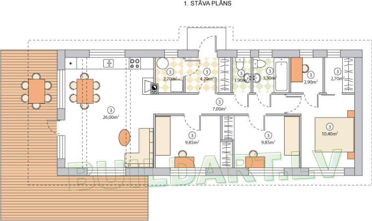 Dzīvojamās mājas projekts "Dūdiņa", plānojuma versija bez nojumes