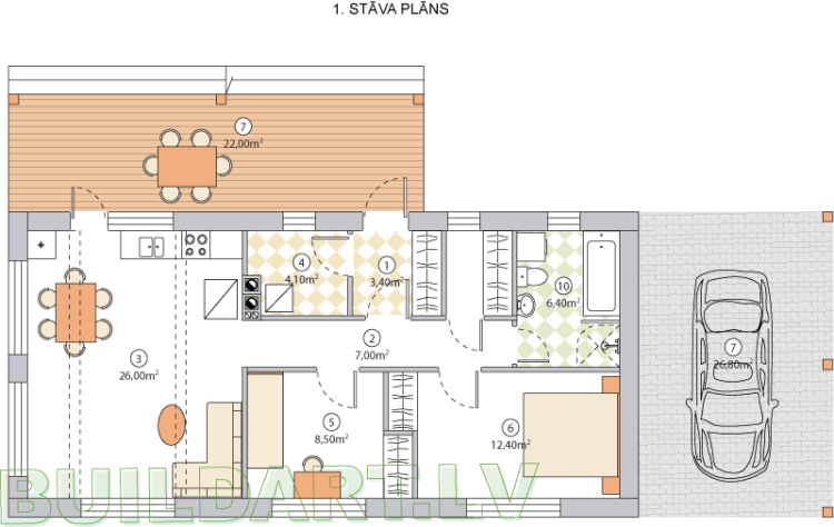 Ekonomiskas mājas projekts "Madars" - 1. stāva plāns
