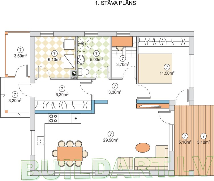 Dzīvojamās mājas projekts "Eva" - 1. stāva plāns