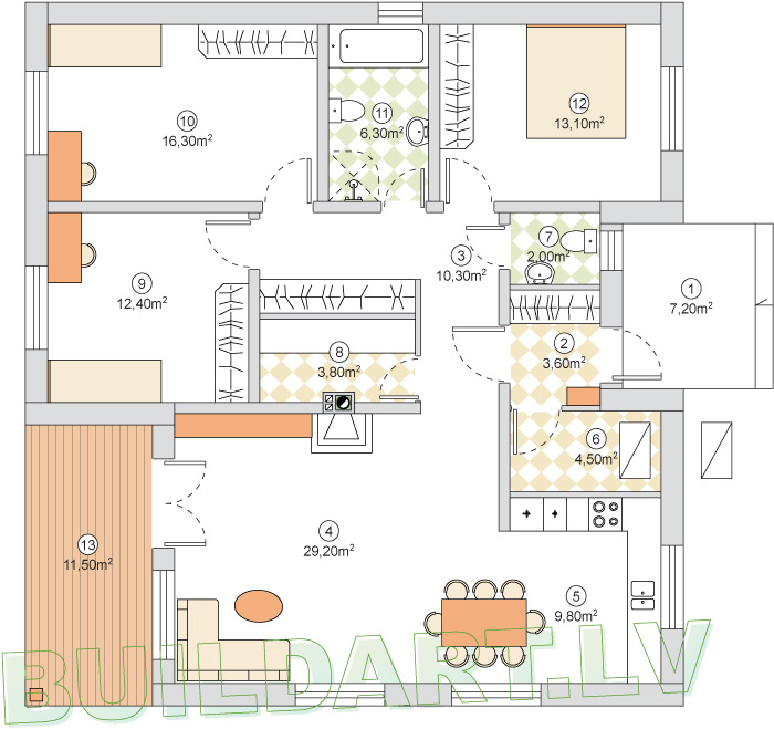 Dzīvojamās mājas projekts "Biruta" - 1. stāva plāns