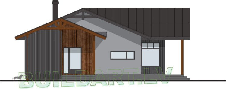 Fasādes ar jumtu virs ieejas lieveņa un ūdens novadīšanu no sienas plaknes ar nelielu 70cm trijstūra jumta slīpuma izveidi, ūdens netecēs gar ēkas sienu.