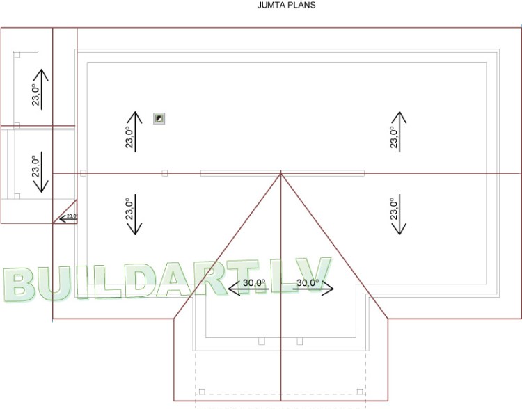 Jumta plāns, kur redzams trijstūrveida jumta lauzums virs ieejas lieveņa, ūdens novadīšanai prom no ēkas fasādes