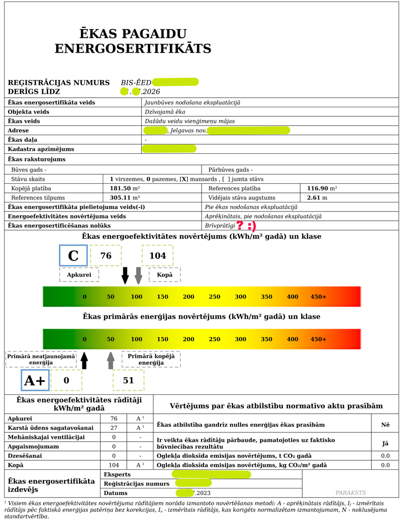 Mājas projekts "Aldis energo" - energoefektivitātes aprēķins
