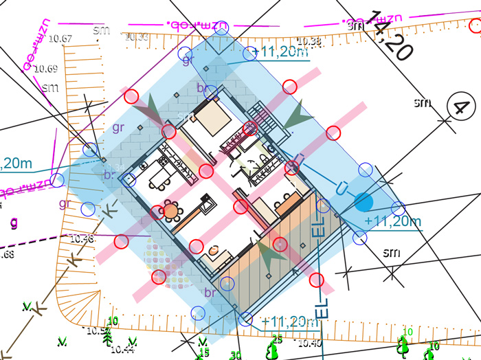 Ēkas ievietošana zemes āderu tīklā