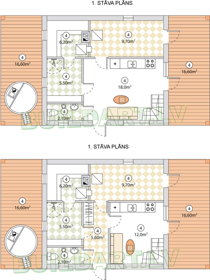 Pirts - atpūtas mājas projekts "Minna" - stāvu plāni - dažādas versijas