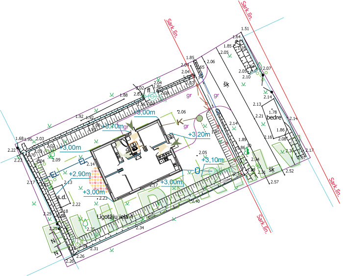 Dzīvojamās mājas projekts "Elza" - novietnes plāns - situācija ar uzbērtu zemes līmeni
