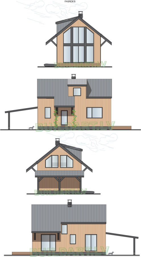 Dzīvojamās mājas projekts "Līva" - fasādes - versija ar gaišu koka dēļu apšuvumu