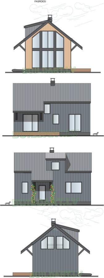 Dzīvojamās mājas projekts "Līva" - fasādes - versija ar tumšpelēku skārda apšuvumu
